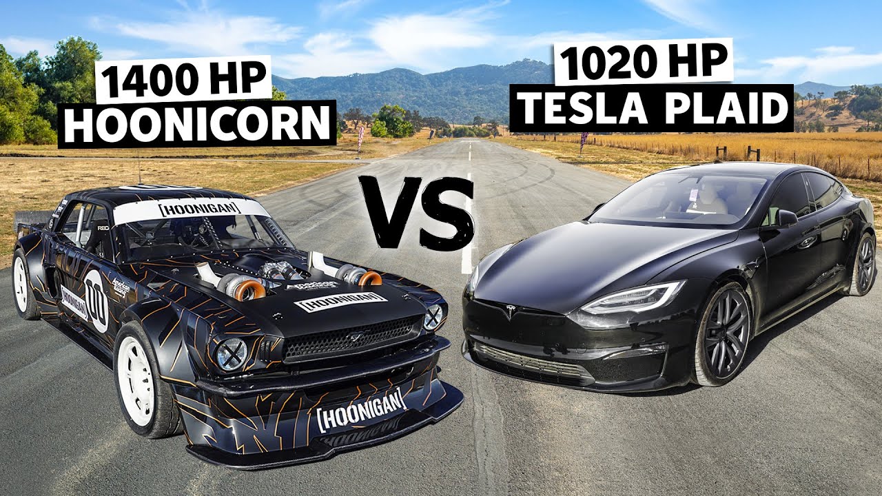 Tesla Model S Plaid vs Ken Block’s 1400hp AWD Mustang // Hoonicorn vs The World 2