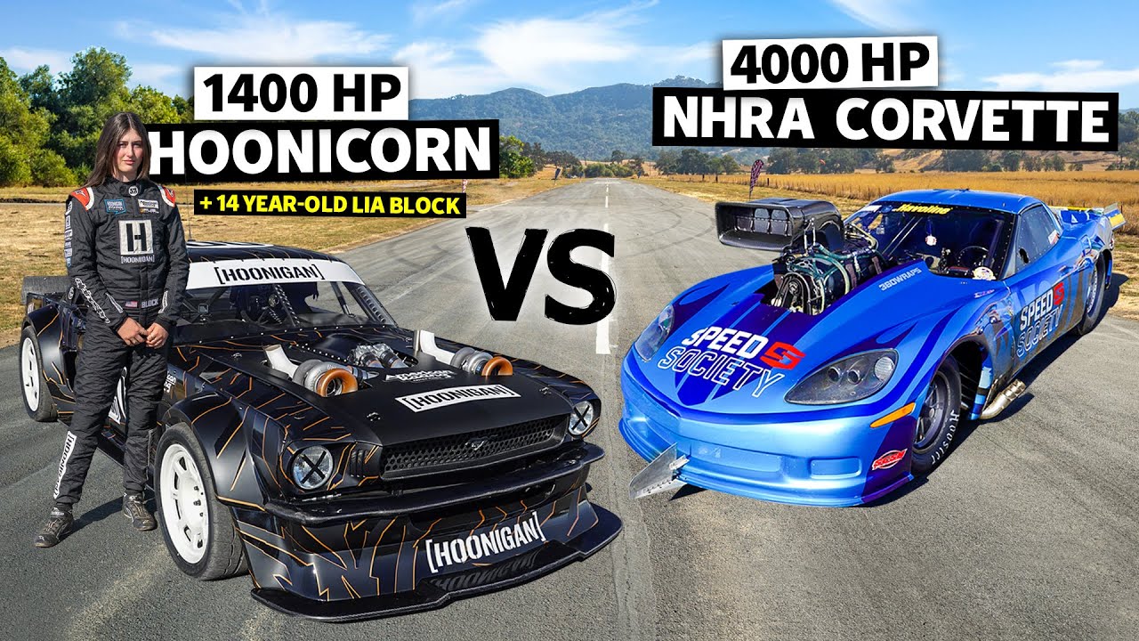 4,000HP NHRA Corvette C6 vs Ken Block’s 1,400HP AWD Mustang // Hoonicorn vs The World 2