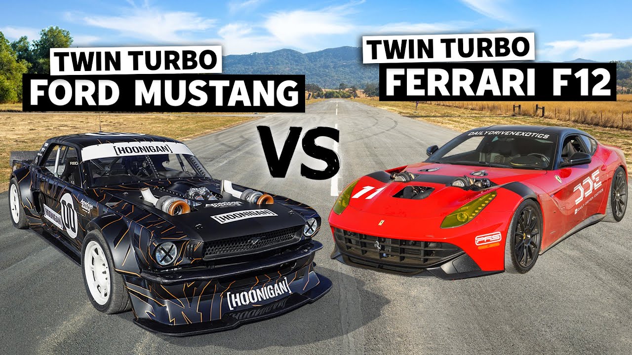FORD vs FERRARI! DDE’s Twin Turbo F12 vs Ken Block’s 1400hp AWD Mustang // Hoonicorn vs The World 2