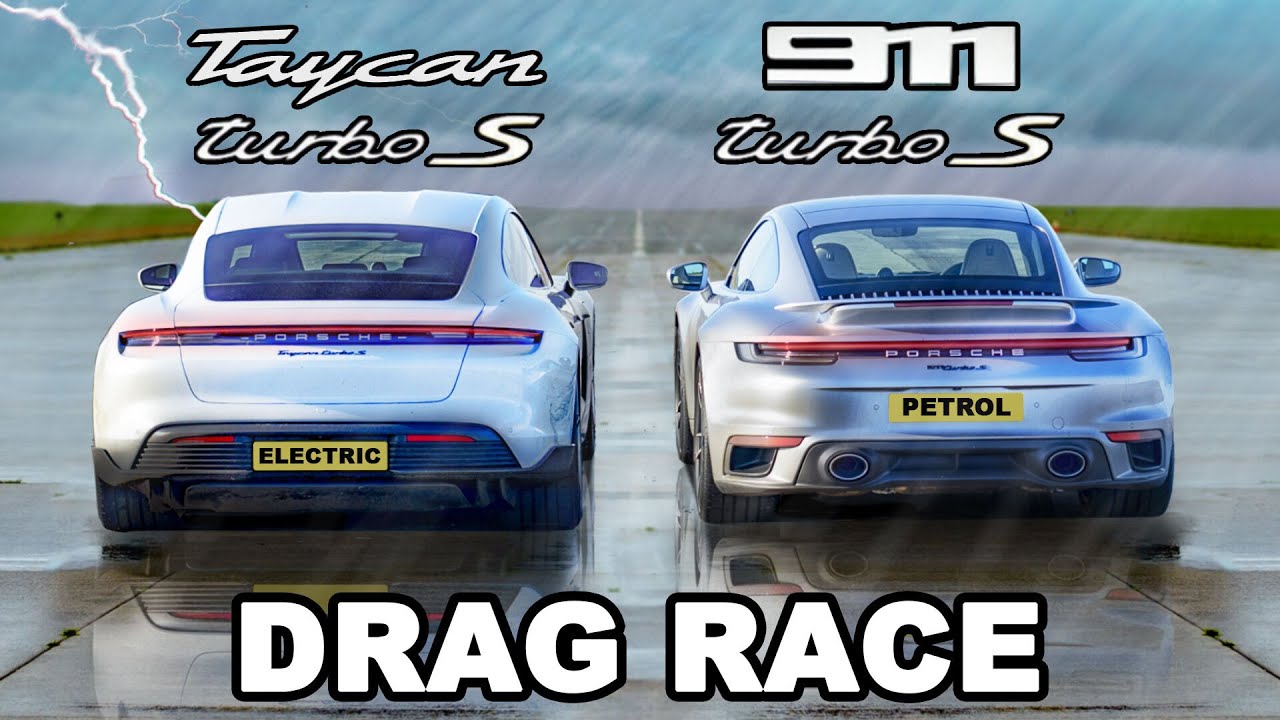 Porsche 911 Turbo S v Taycan Turbo S: WET DRAG RACE