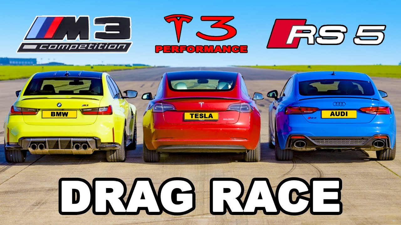 BMW M3 AWD v Model 3 Performance v Audi RS5: DRAG RACE