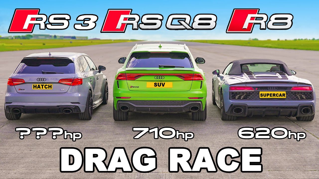 Трка во забрзување: Audi R8 vs тјунирани Audi RS3 & RSQ8 / ВИДЕО