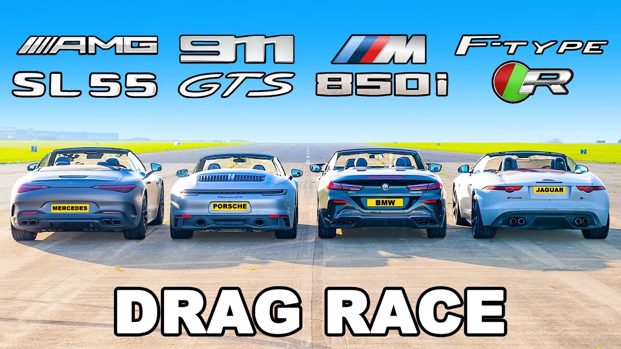 Трка во забрзување: Mercedes AMG SL 55 vs Porsche 911 GTS vs BMW M850i vs Jaguar F-Type R / ВИДЕО