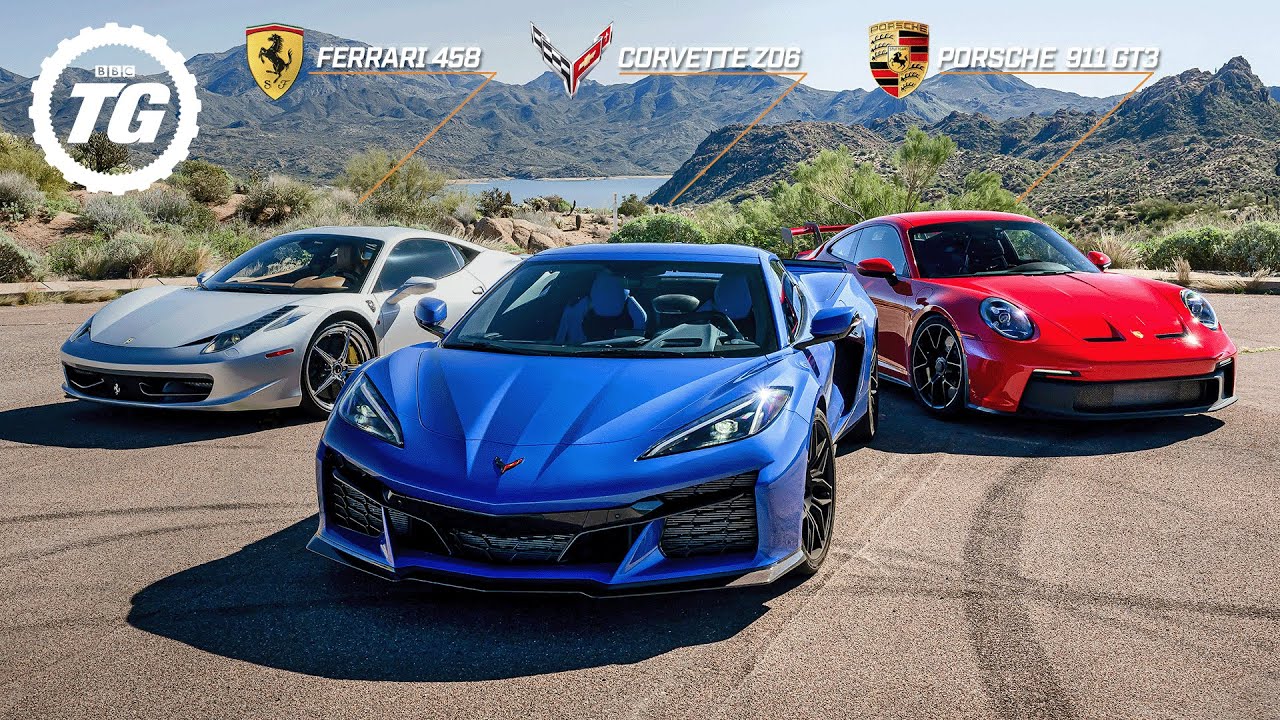 Top Gear: 2023 Corvette Z06 vs Ferrari 458 vs Porsche GT3 / ВИДЕО